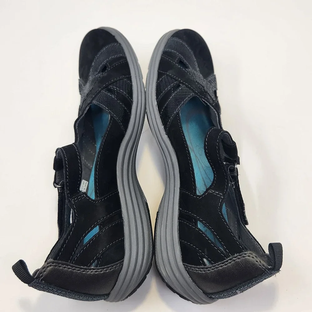 Aravon Womens Black Nubuck Leather Beaumont Fisherman Sandals Size 7.5 B Comfort